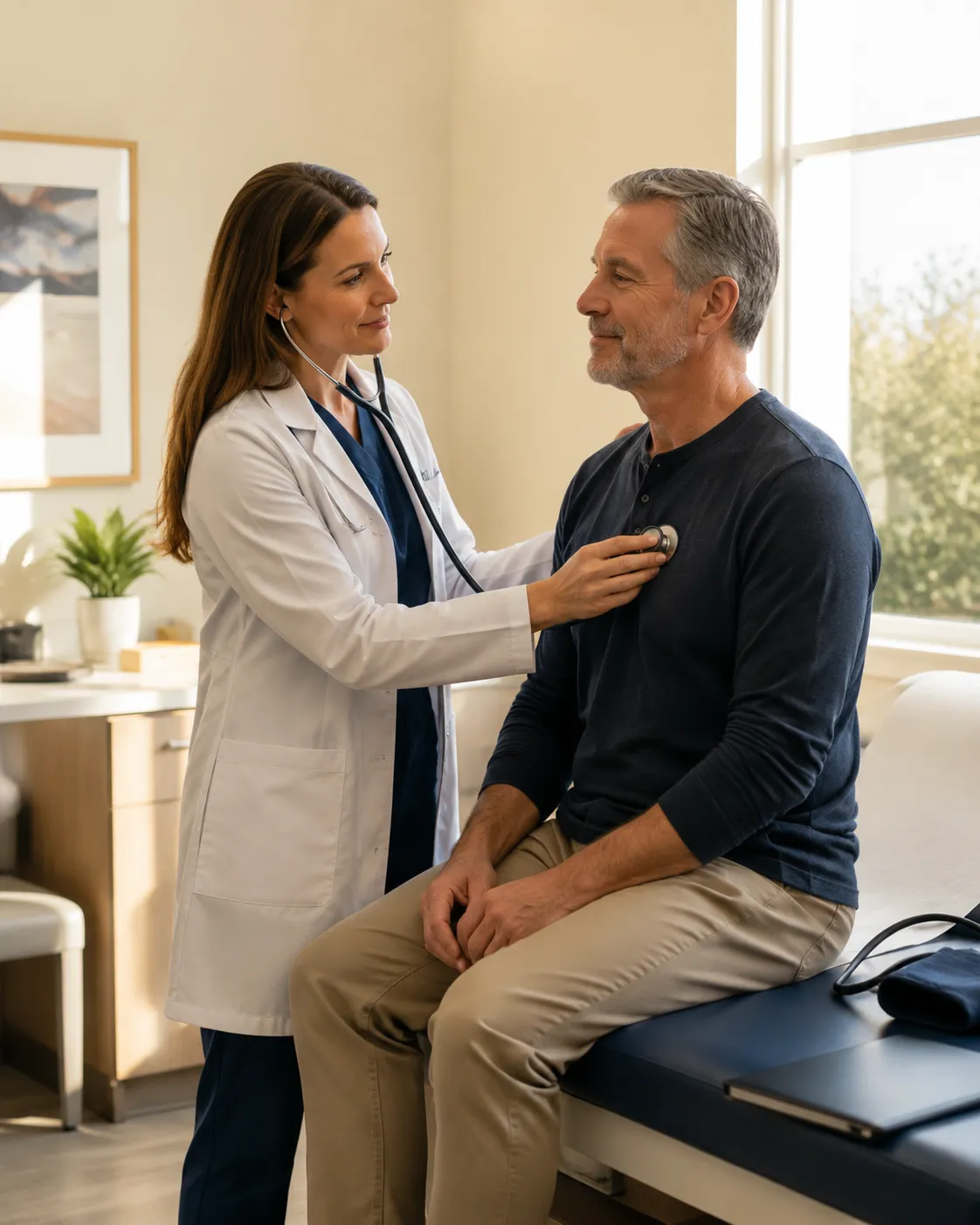 Doctor reviewing advanced metabolic and lipid testing results with a patient in a comfortable, sunlit office.