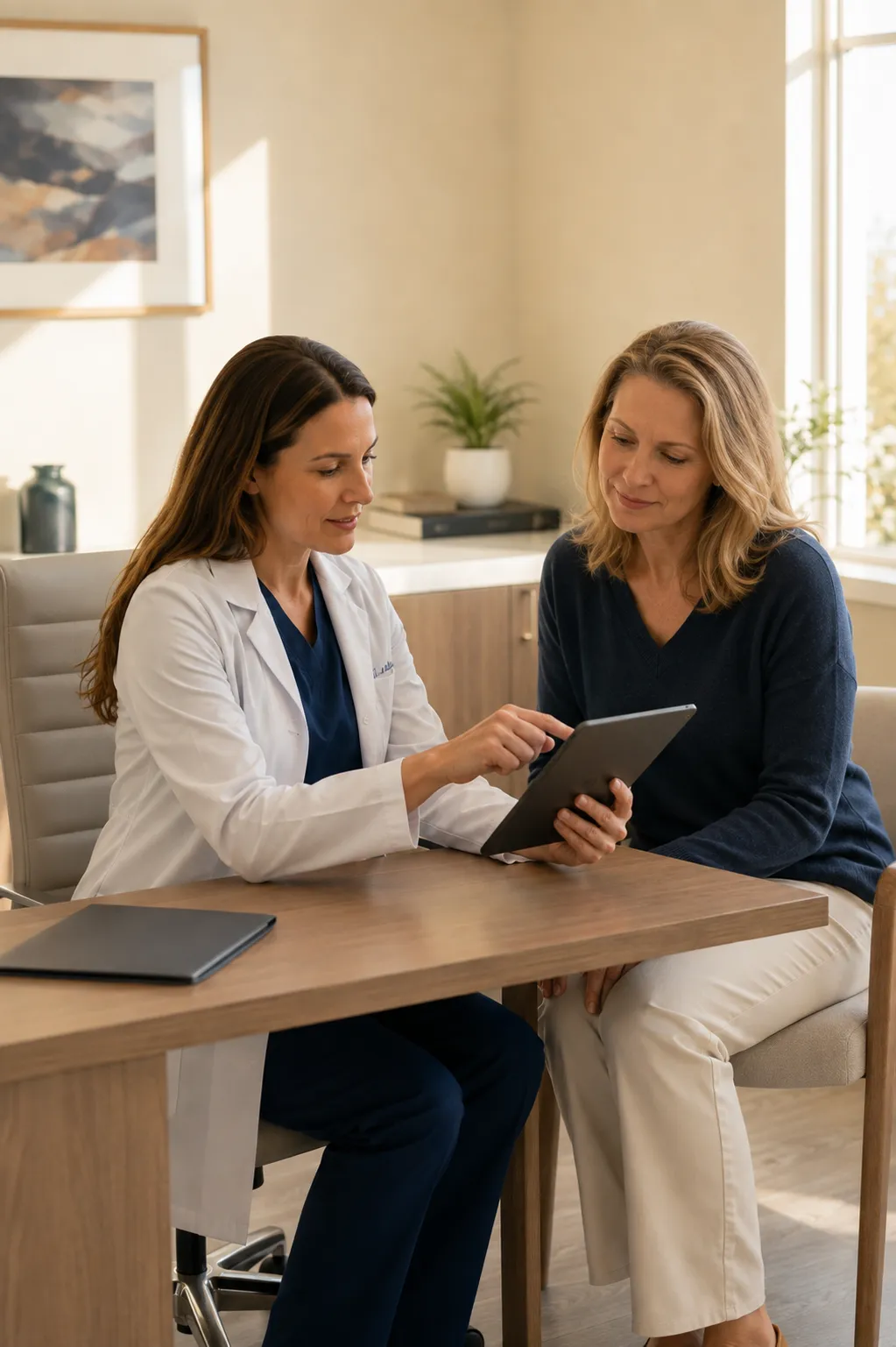 Doctor reviewing advanced metabolic and lipid testing results with a patient in a comfortable, sunlit office.