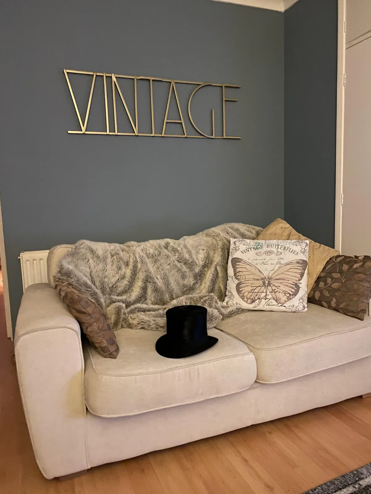 Squidgy sofa with cushions and faux fur blanket