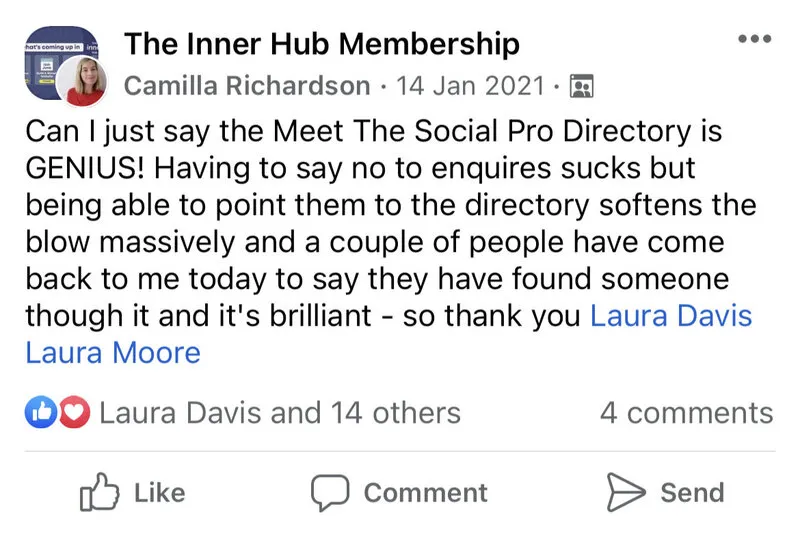 Camilla Richardson (Facebook post): “Can I just say the Meet The Social Pro Directory is GENIUS.”