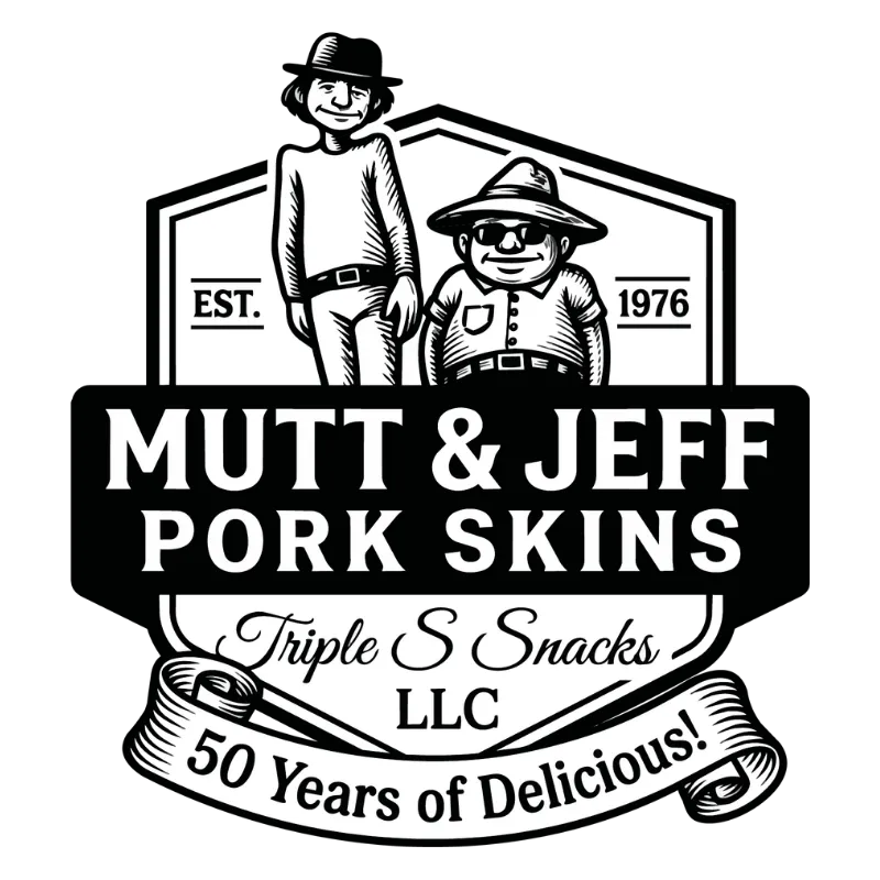 Black and white vintage logo featuring a banner 'Mutt & Jeff Pork Skins', a farmer illustration, and text '50 Years of Delicious!'