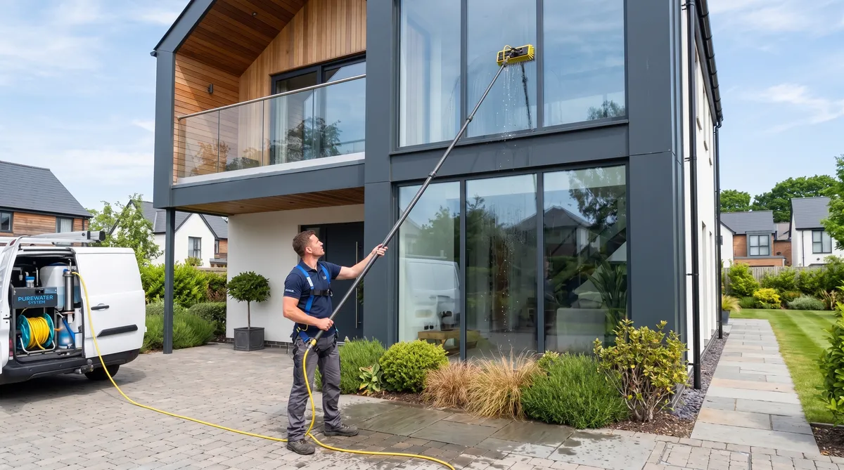 Professional window cleaner using water-fed pole cleaning residential windows in Weymouth