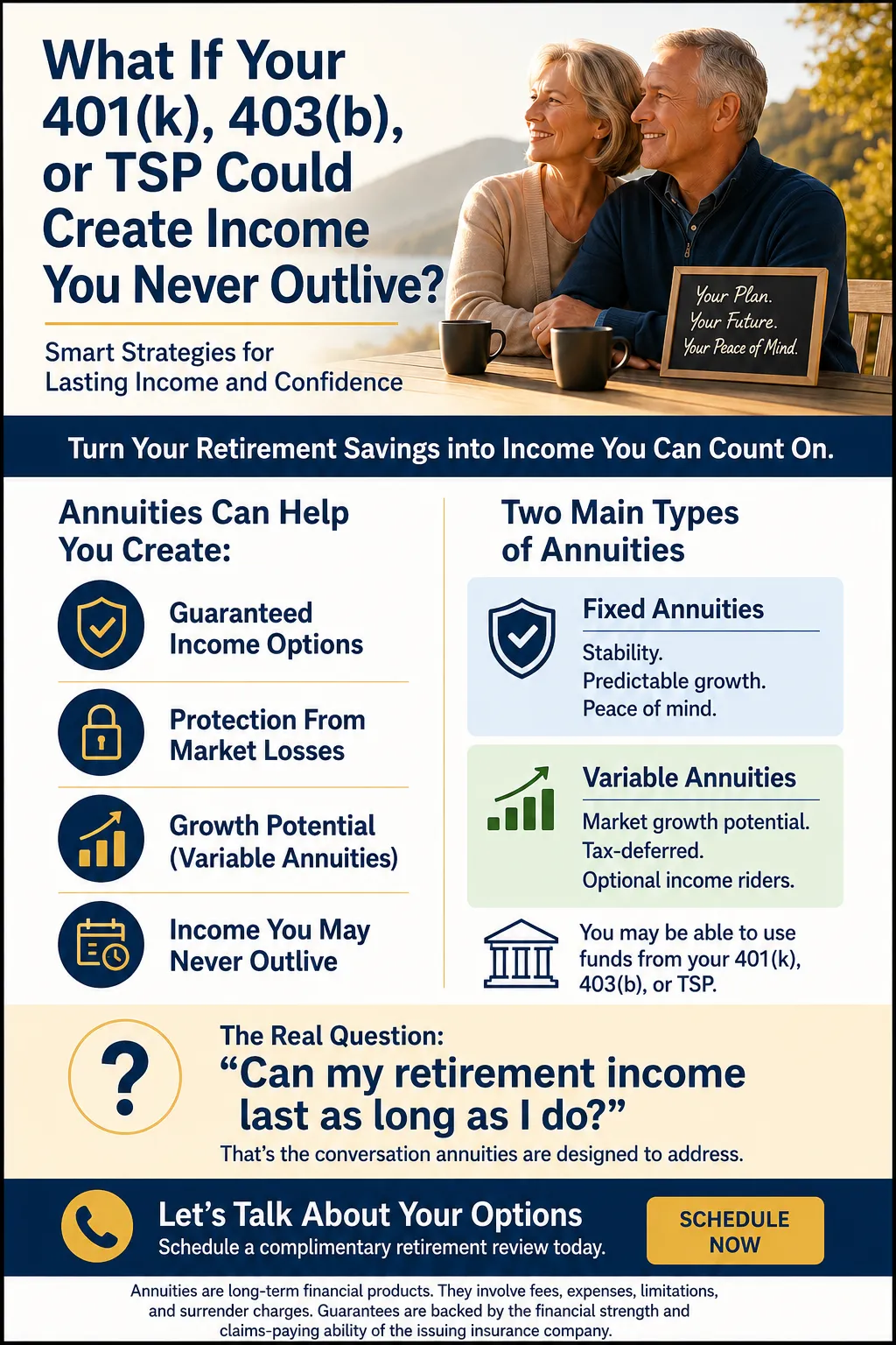 Retired couple discussing retirement income and annuity strategies for long term financial security