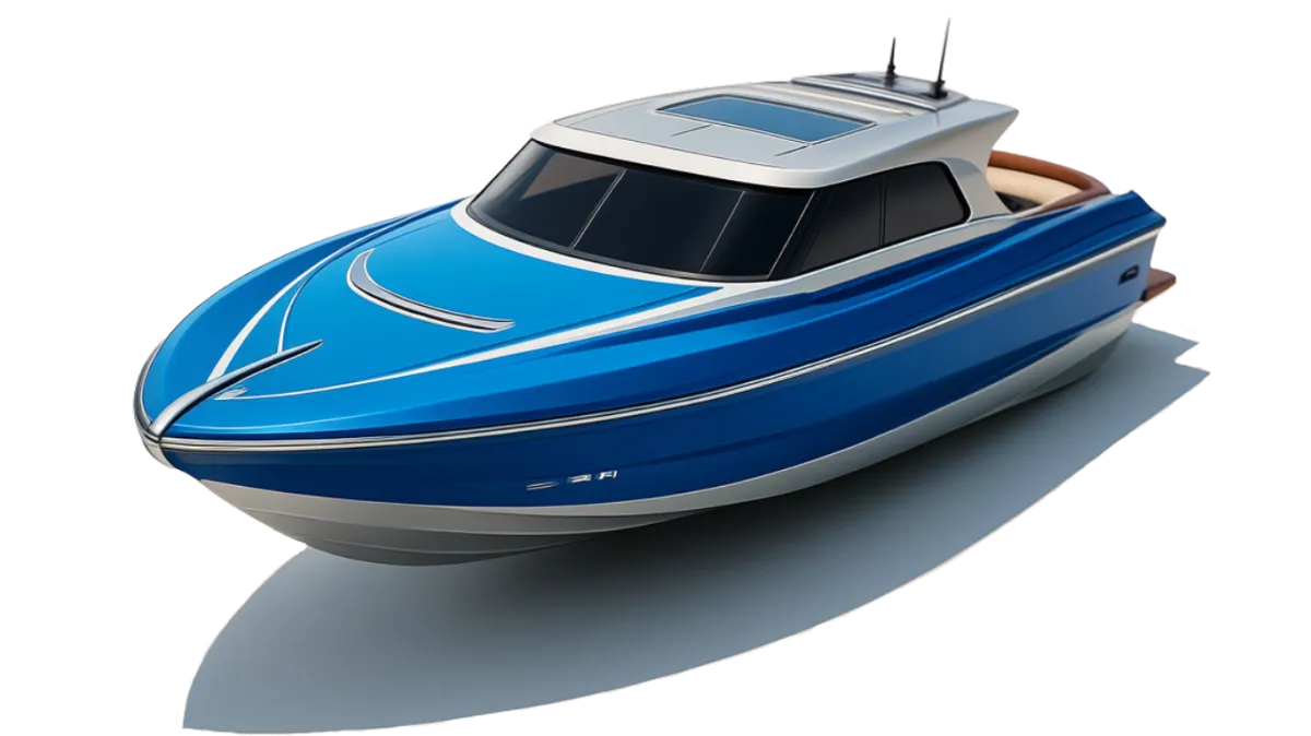 Blue speedboat graphic illustration showing professional boat detailing results by Smoove Auto Detailing in Eau Claire WI