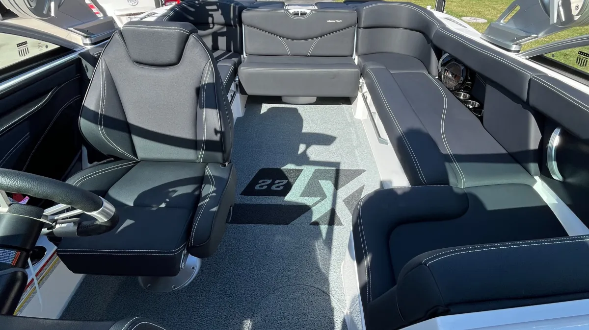 Black vinyl interior of Mastercraft speed boat after professional boat interior detailing in Chippewa Falls WI