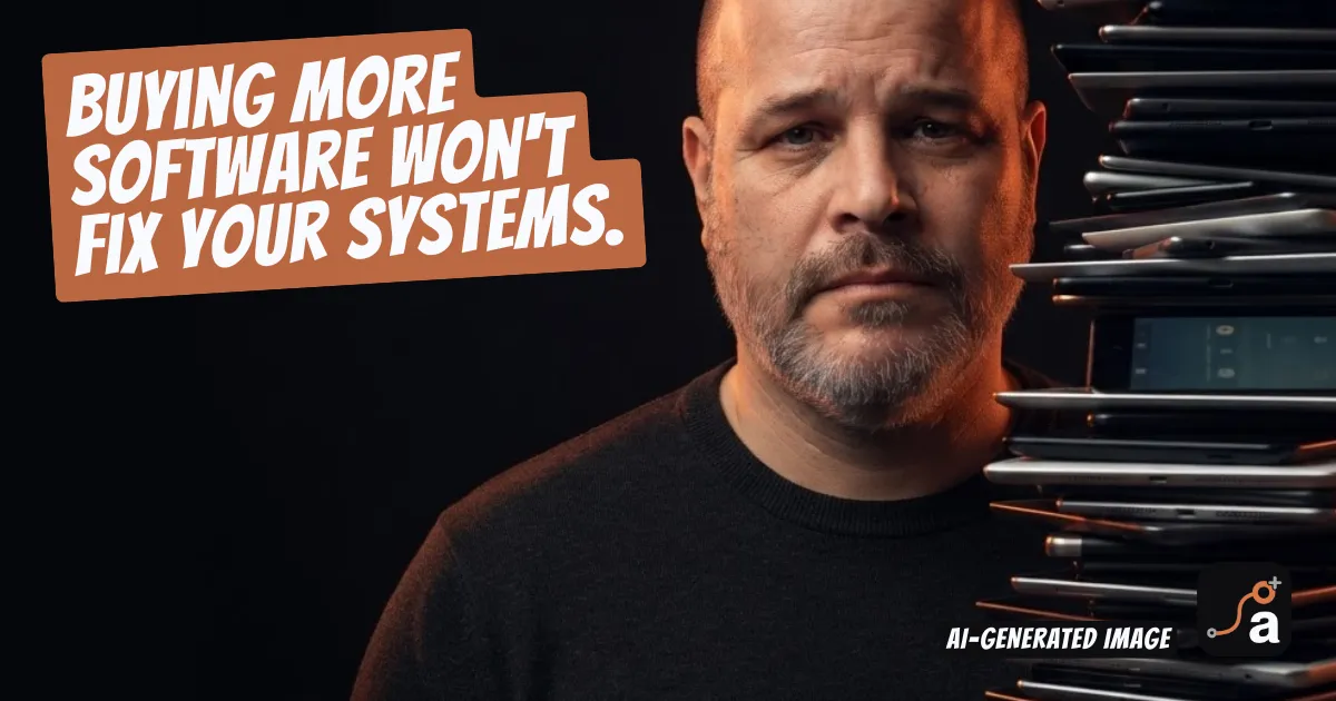 Founder Karl concerned next to a stack of used ipads