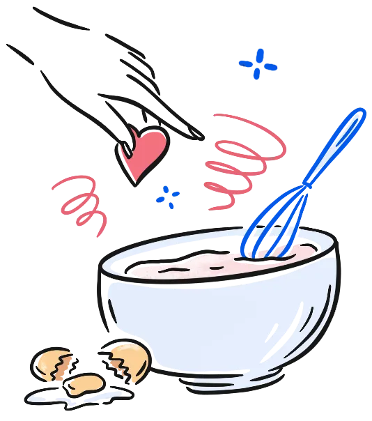 Illustration showing a bowl being whisked with a heart symbol, representing Crêpes Chantal made with love