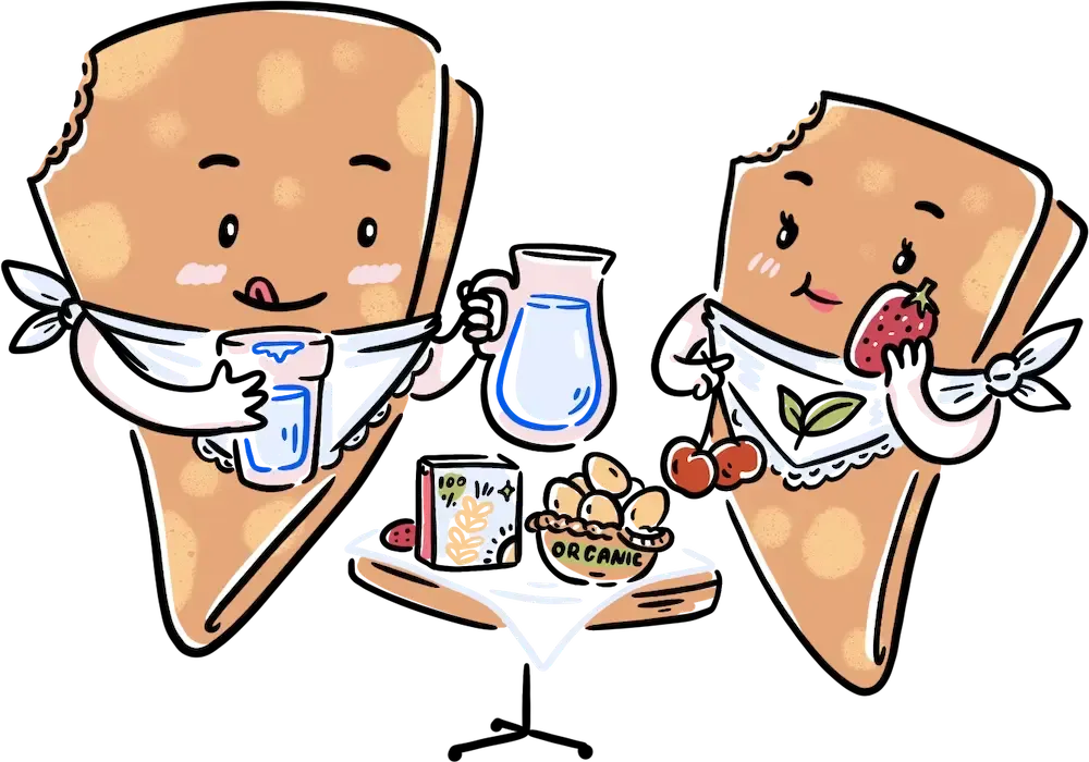 Illustration showing a bowl being whisked with a heart symbol, representing Crêpes Chantal made with love