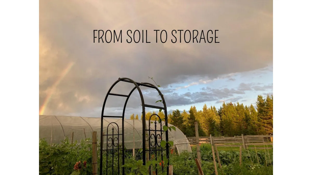 A thriving garden in the foreground, a greenhouse in the background, and a beautiful sky overhead.