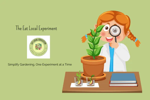 Eat Local Experiment logo with cartoon character examining a plant, illustrating hands-on gardening experiments, tagline ‘Simply gardening one experiment at a time,’ featuring Eat Local main logo.