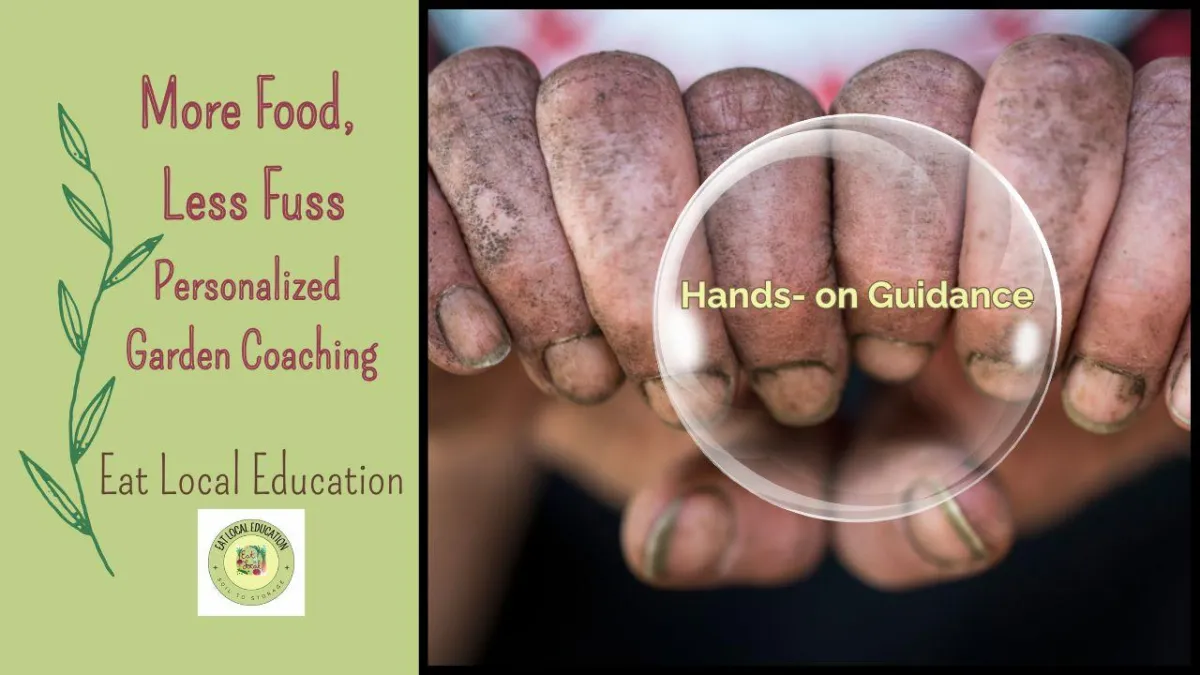 More Food Less Fuss personalized garden coaching logo featuring hands-on guidance, showing small business branding for beginner-friendly gardening support.