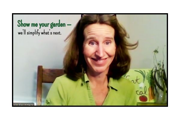 Erin Saunders smiling during a personalized online garden coaching session, helping beginners grow food with less fuss.