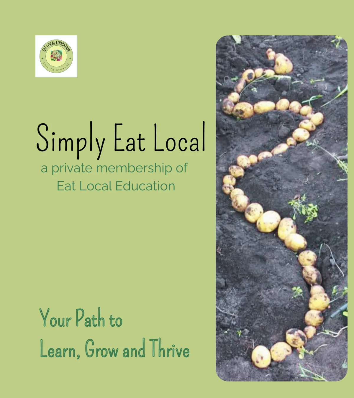 Simply Eat Local membership logo over freshly dug potatoes, symbolizing hands-on gardening and growth.