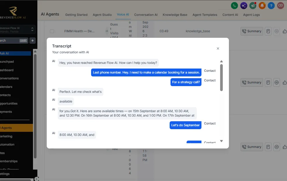 RevenueFlow AI call transcript of an AI agent booking an appointment