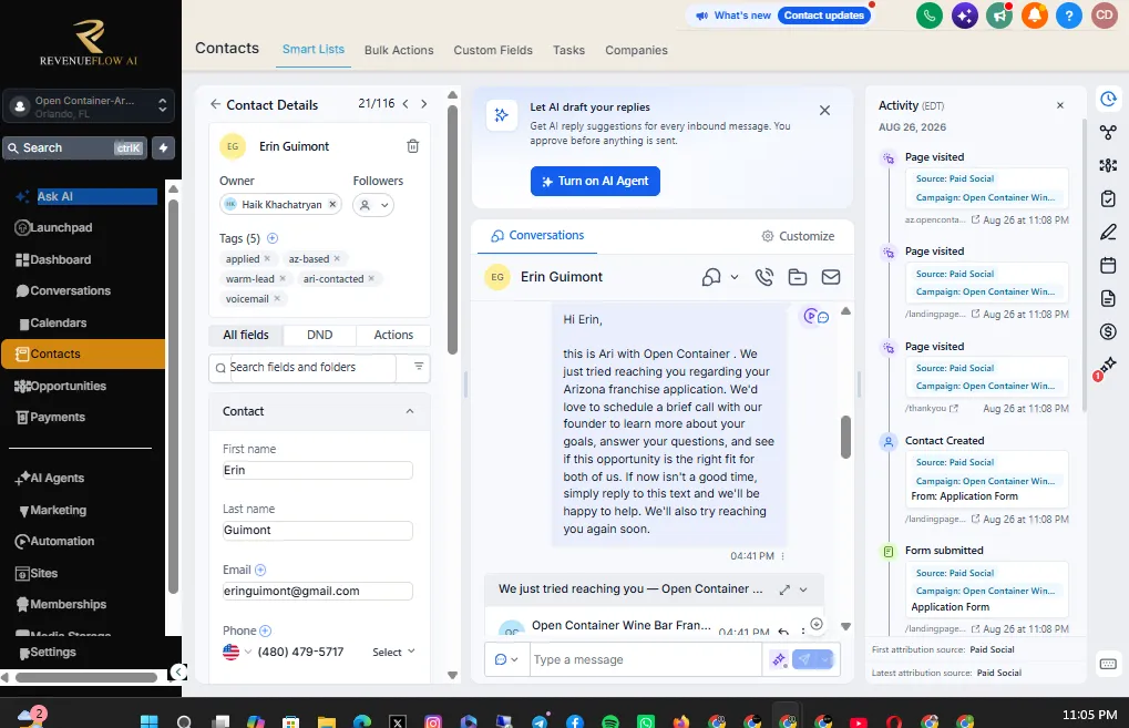 Automatic text sent to a missed caller within 60 seconds