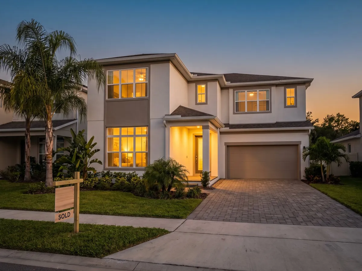 Florida home with a SOLD sign at dusk