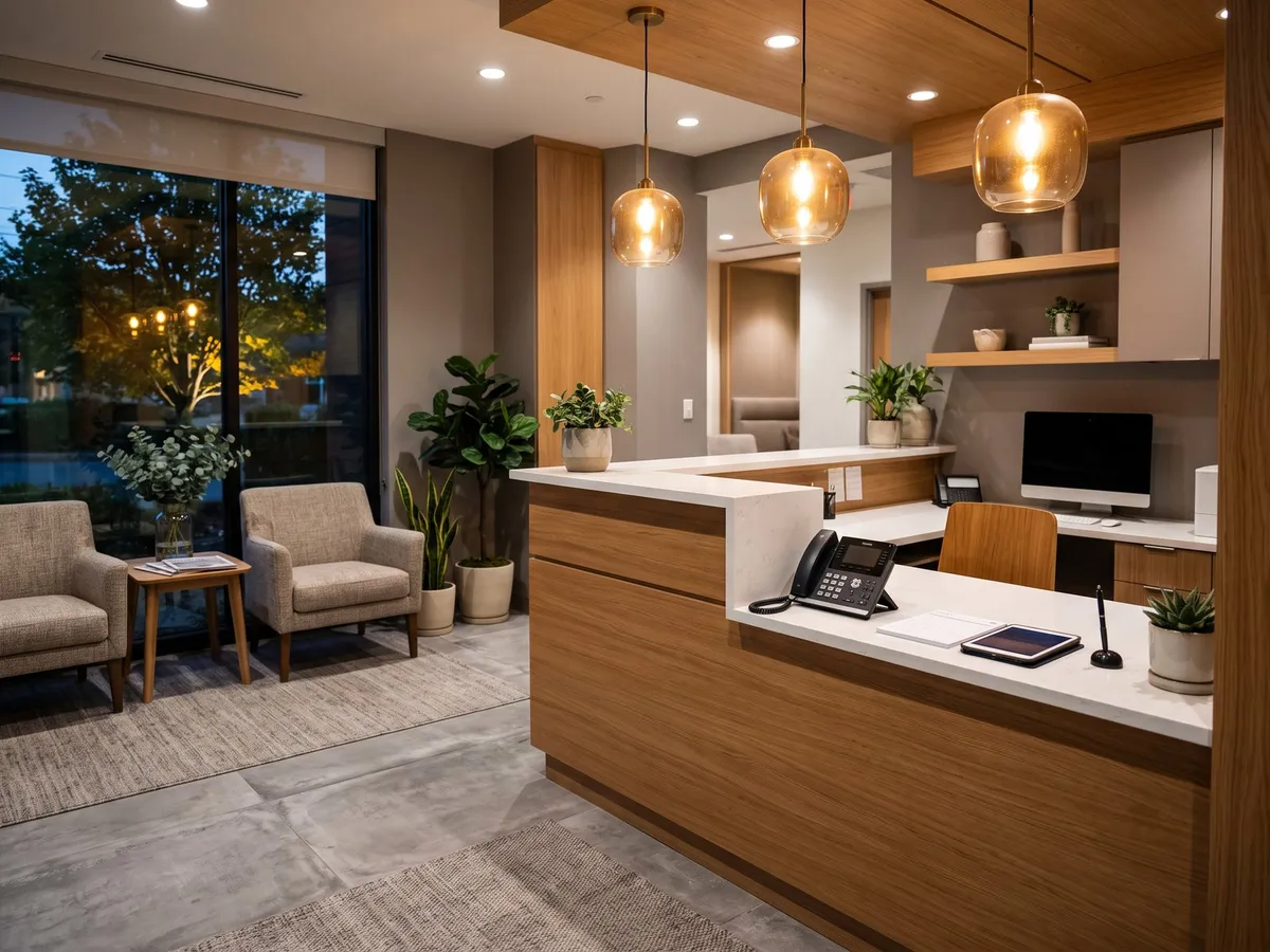 Modern health clinic front desk and waiting area