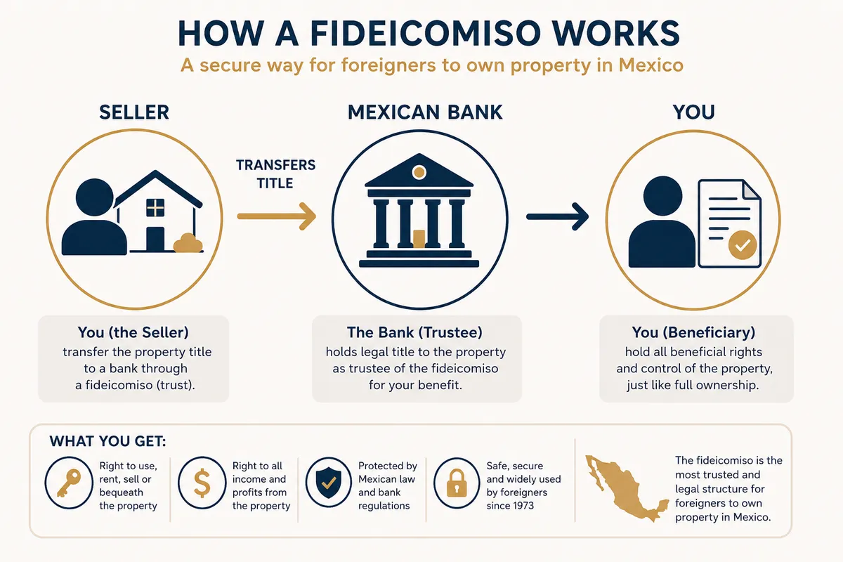 Fideicomiso diagram showing a seller transferring property title to a Mexican bank trustee while the buyer retains beneficial rights and control of the property.