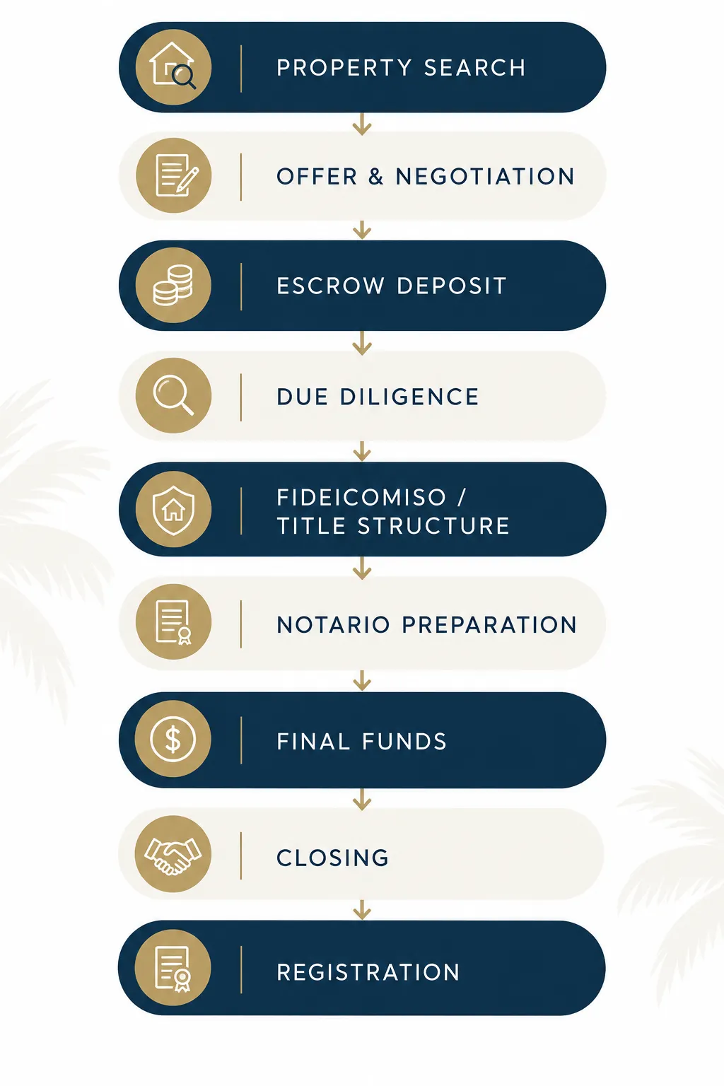 Dream Baja Realty infographic showing the nine-step property buying process in Mexico: property search, offer and negotiation, escrow deposit, due diligence, fideicomiso or title structure, notario preparation, final funds, closing, and registration.