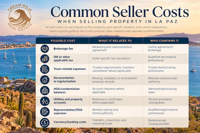 Dream Baja Realty seller costs guide for La Paz real estate, showing common expenses including brokerage fees, ISR taxes, fideicomiso costs, HOA balances, utilities, legal representation, and banking fees.