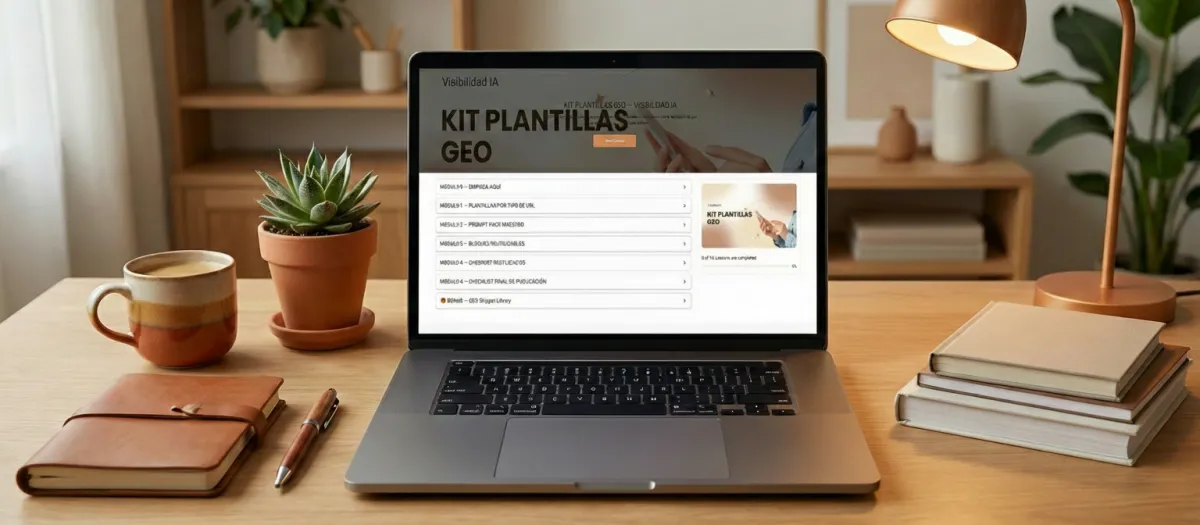 Mockup del KIT GEO: plantillas impresas, análisis estructural en pantalla, checklist de publicación y prompt pack.