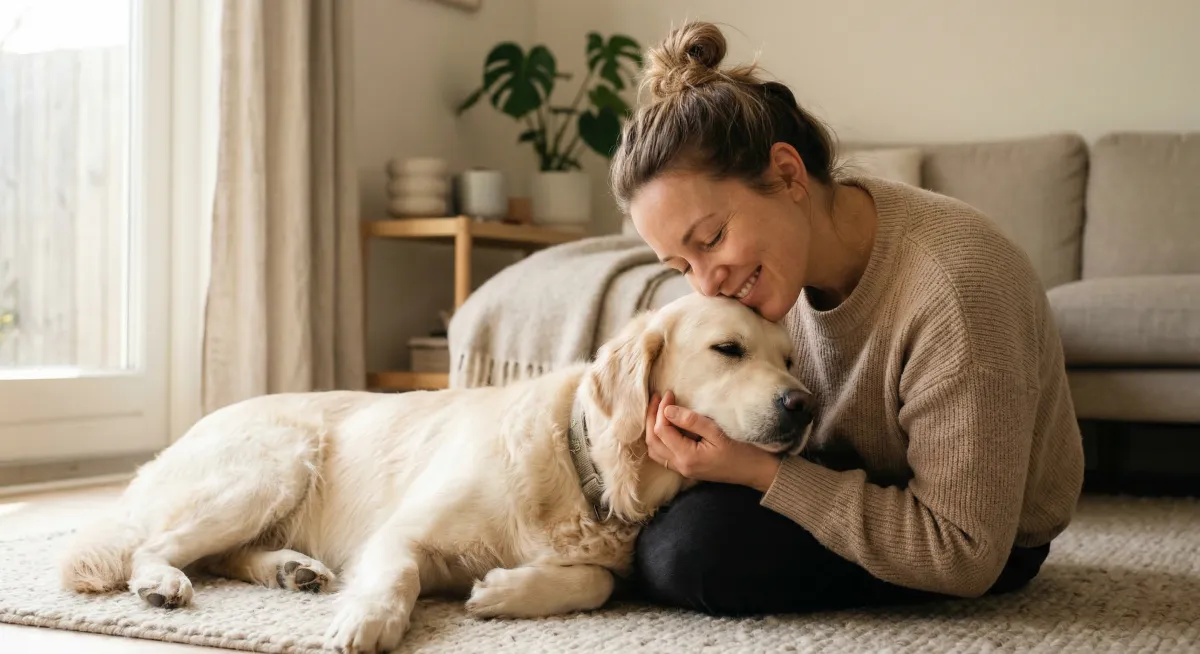 Persona practicando Reiki con su perro en un ambiente tranquilo