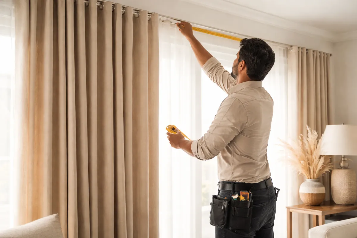 Technician carefully measuring window dimensions in a modern apartment with HearthLine samples on a clipboard.