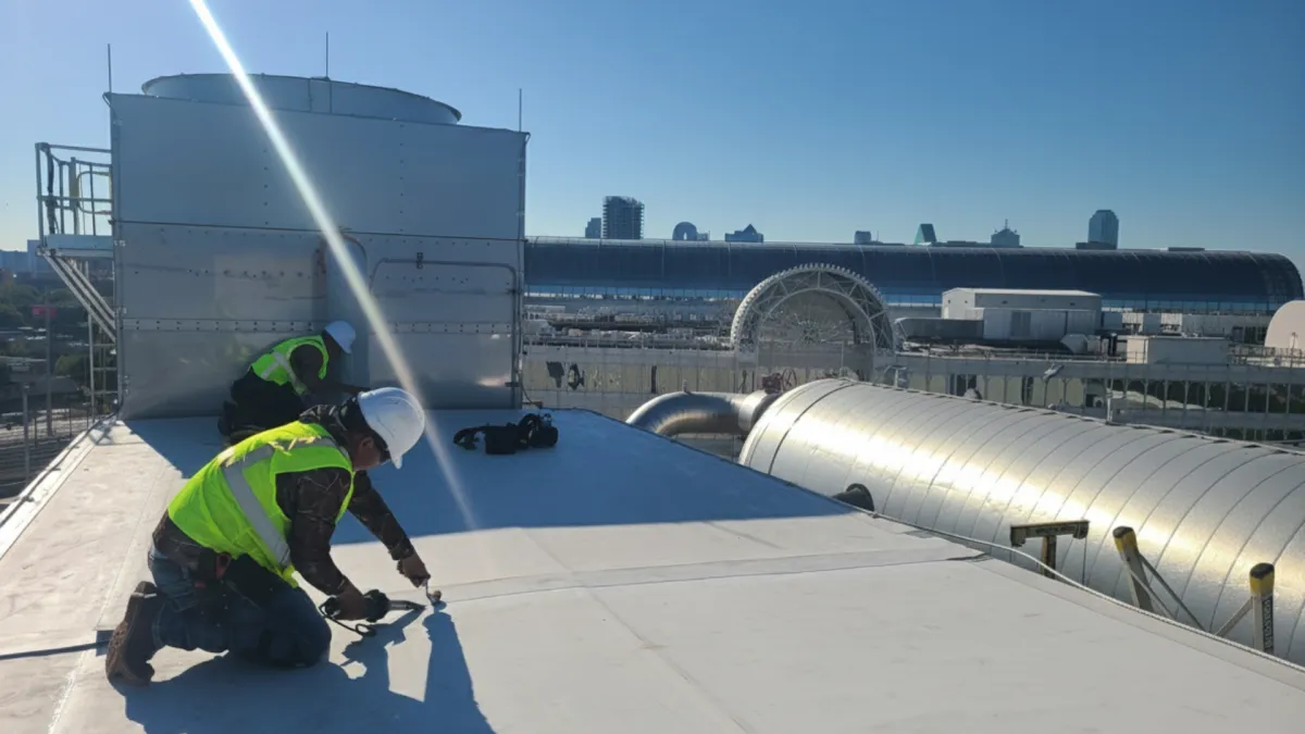 the roof of a building with a bird on it