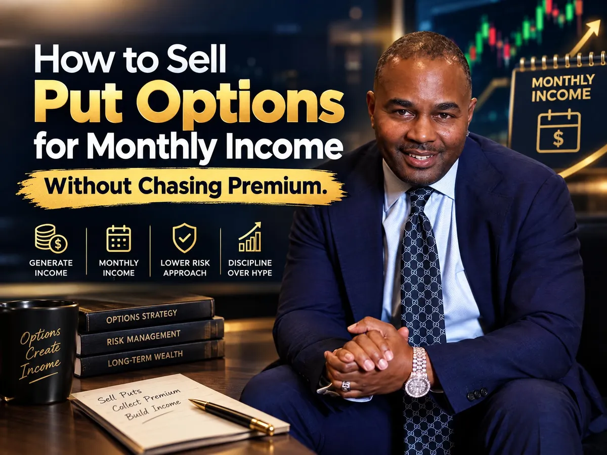 Cover image featuring a man in a navy suit beside the headline “How to Sell Put Options for Monthly Income Without Chasing Premium,” with financial graphics and options trading icons on a dark background.