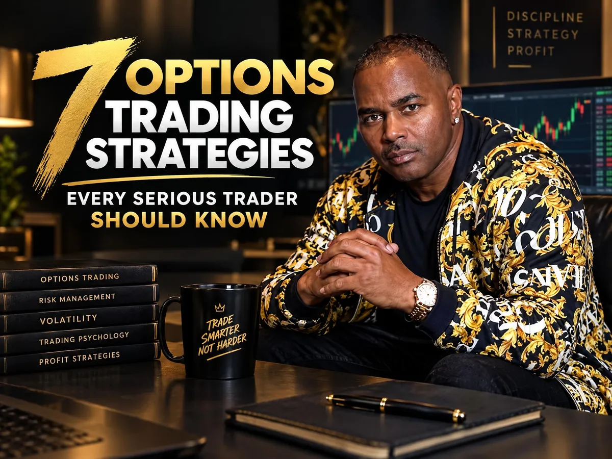 Cover image featuring a man seated in front of stock market charts, with the headline “7 Options Trading Strategies Every Serious Trader Should Know.” The black-and-gold design includes trading books, a coffee mug, and themes of discipline, risk management, and profit strategies.