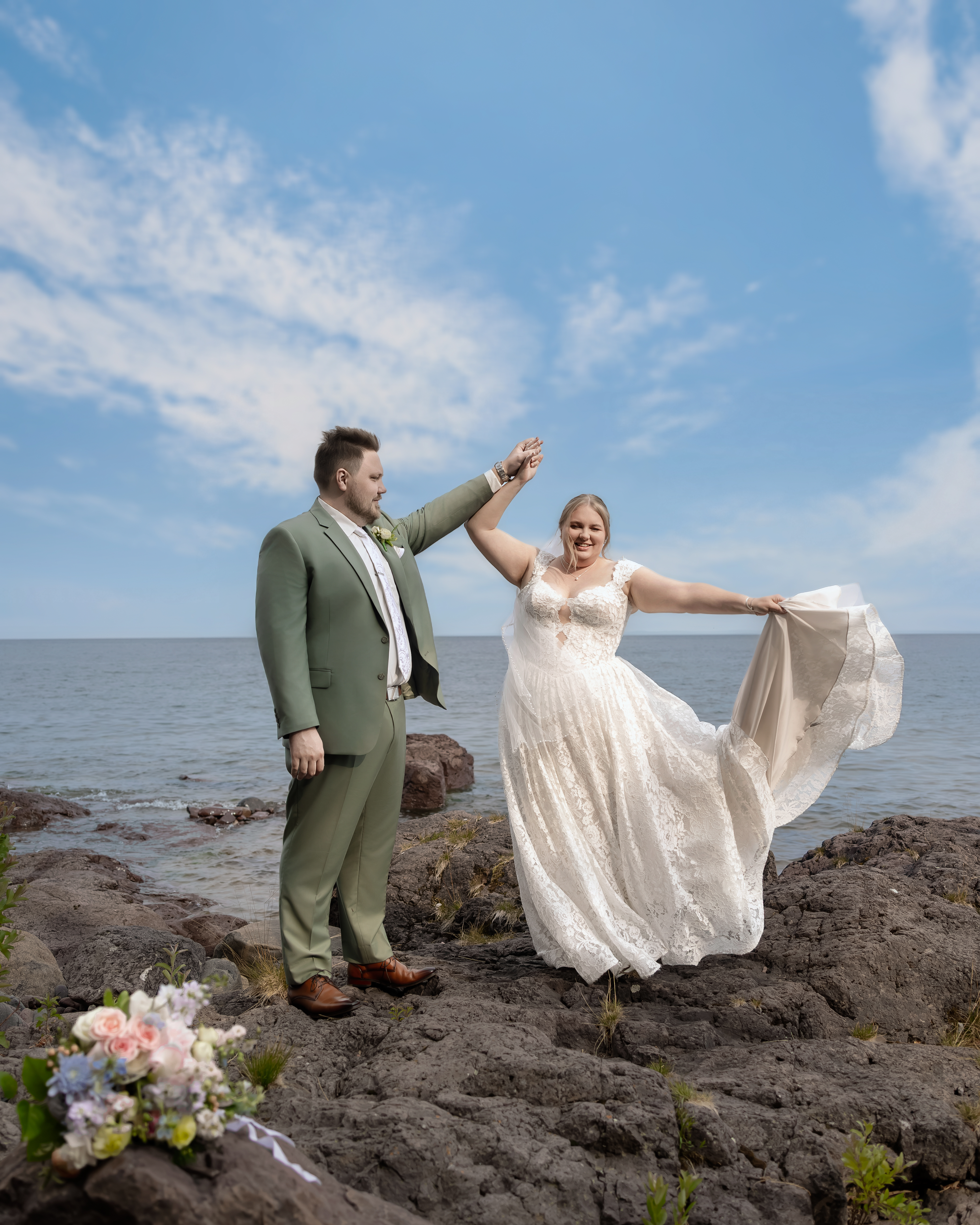 bride and groom on north shore for their Monday wedding