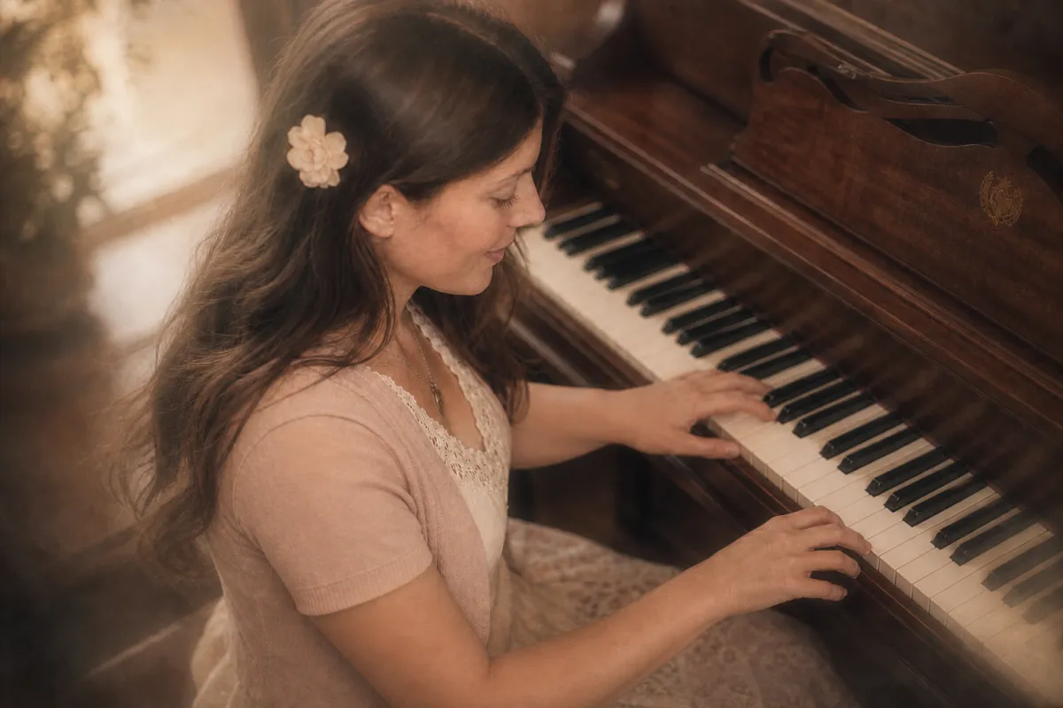 Emily Stone playing a brown piano