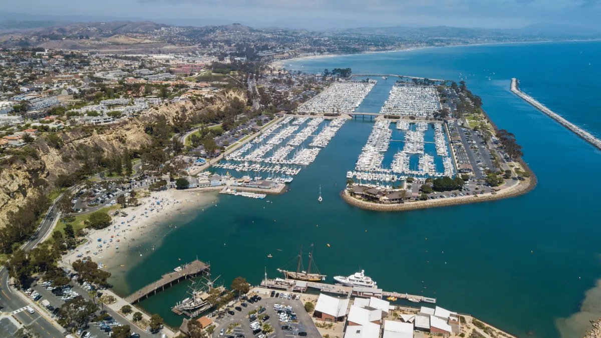 Aerial view of the Dana Point coastline and residential community