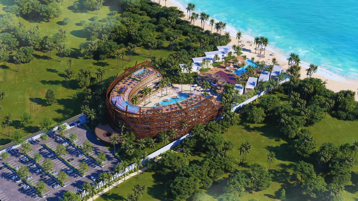 a woman in a swimming pool with a view of the ocean