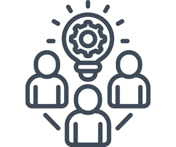 Team of three people with a cog inside a lightbulb above them showing ideas and operational excellence with SaaS consulting support