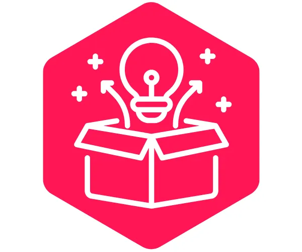 Positive innovation icon of thinking outside of the bx with lightbulb and arrows bursting from open box to depict entrepreneurial sprit at The SaaS JEDI