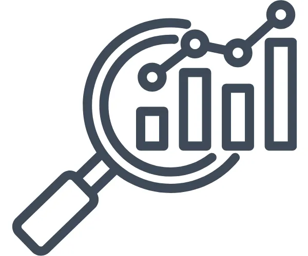 Magnifying glass inspecting a bar and line graph to show how The SaaS JEDI analyze clients' saas tool set up