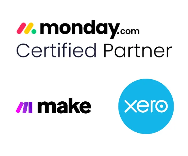 Monday.com certified partner logo, Make logo and Xero logo as Partnered SaaS Tools with The SaaS JEDI