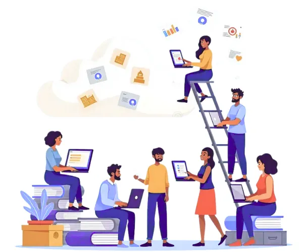 Busy diverse professional team trying to collaborate on multiple projects