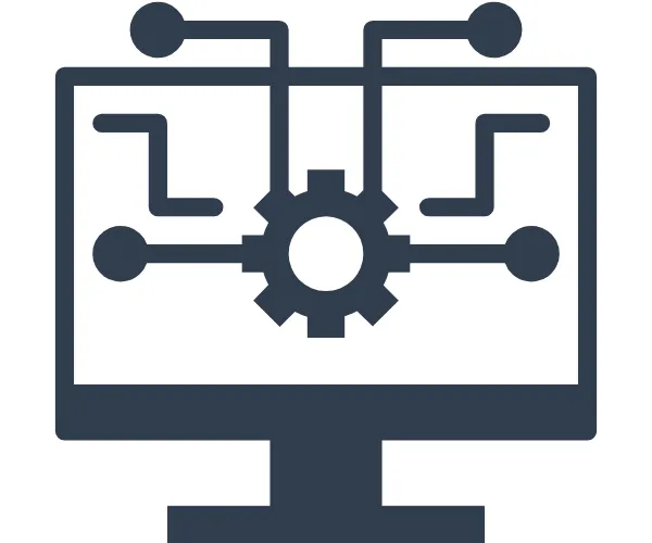 Icon with cog and network connections coming out of a desktop screen to show the interconnected systems and software
