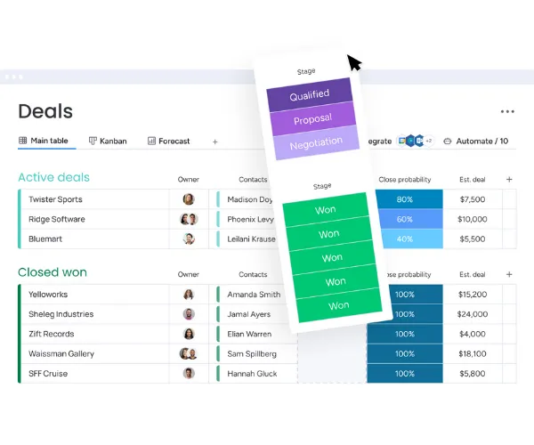 Screenshot of Monday.com CRM salesdeals board with one column being moved for customization