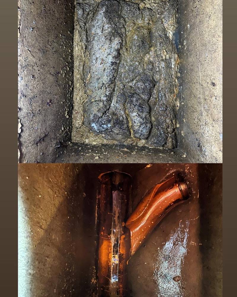 Before and after comparison of a damaged drain repaired with new copper pipe junction