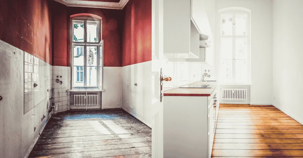 open-concept kitchen renovation with hardwood floors