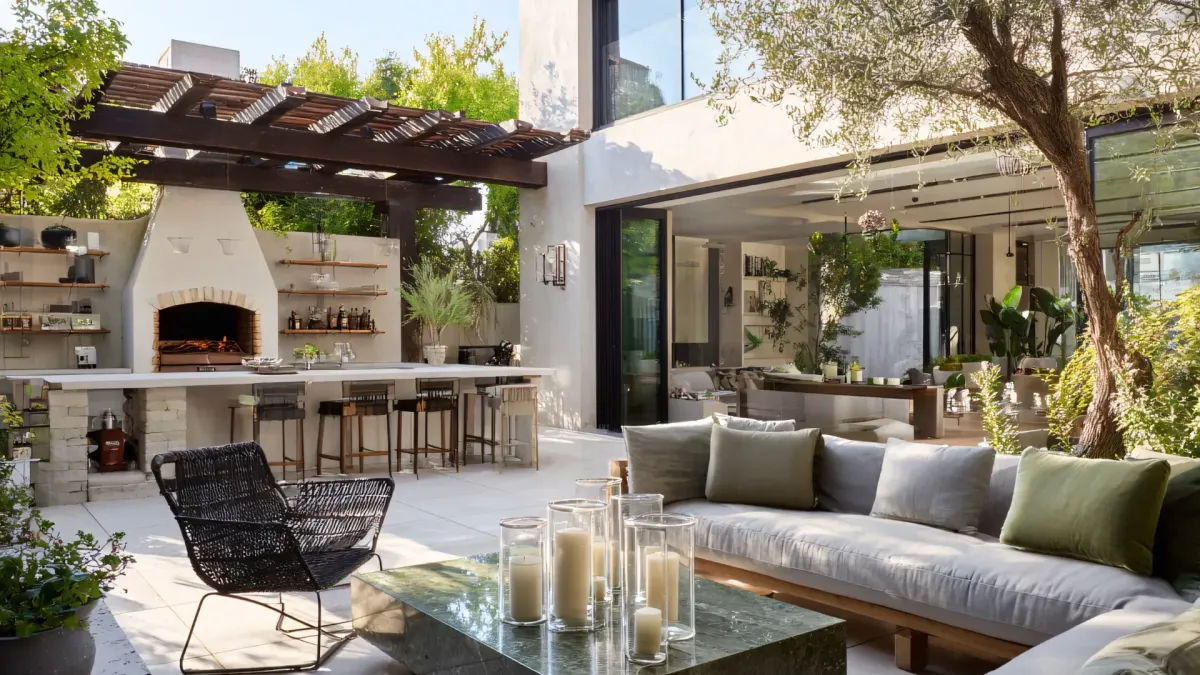 Los Angeles backyard patio with outdoor kitchen and pergola for entertaining