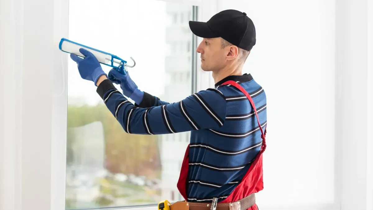 Homeowner sealing a window frame to prepare for Los Angeles winter rain.