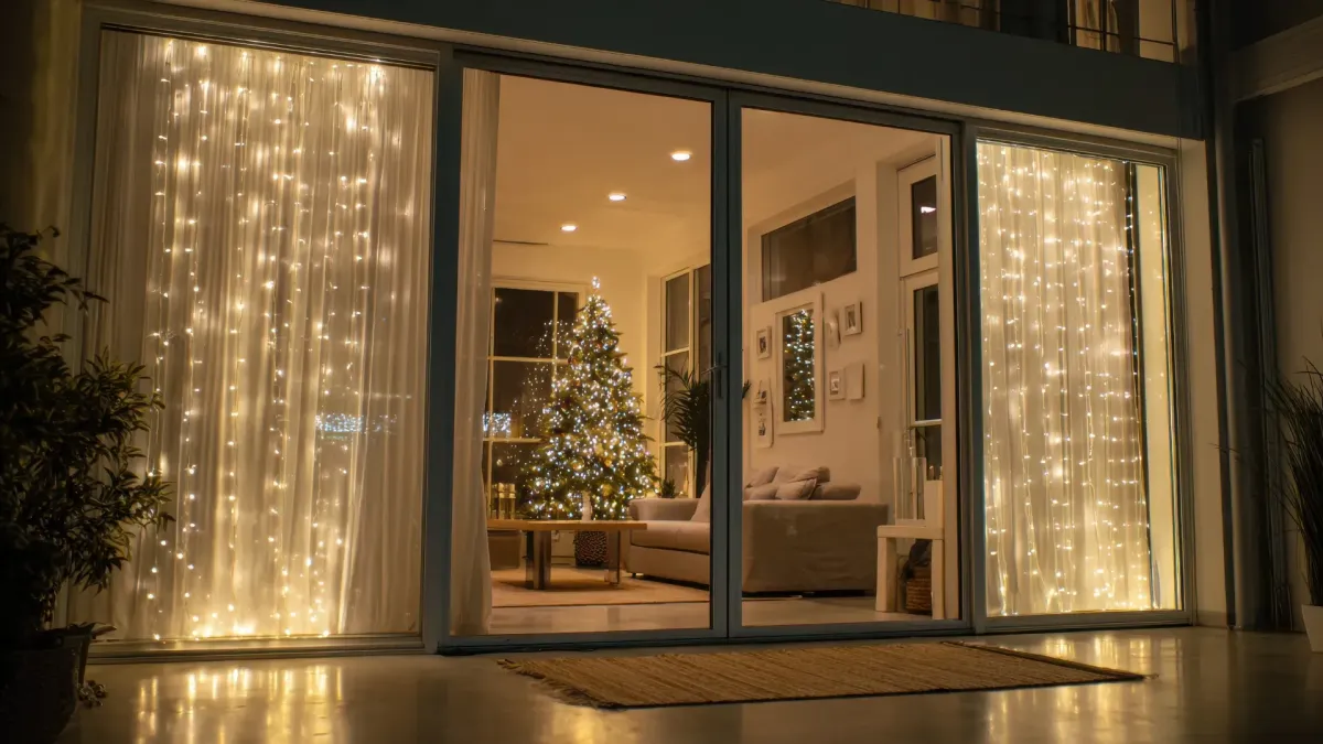 Warm holiday living room interior decorated for winter in a Los Angeles home.