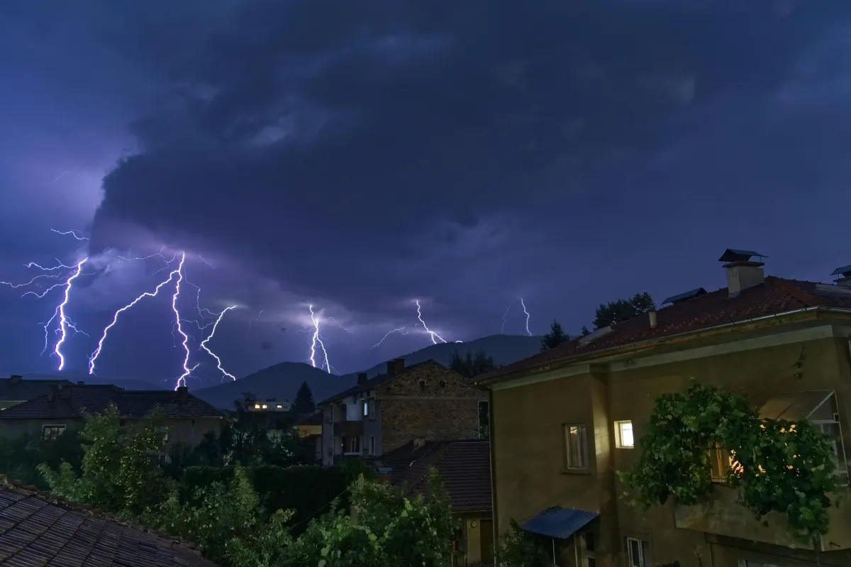 Dark rain clouds over the Los Angeles houses during winter storm season.