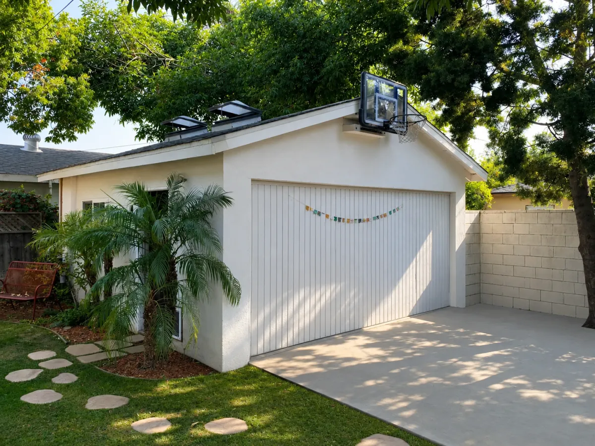Detached garage exterior in Los Angeles with white stucco, garage door, driveway, and landscaping, suitable for an ADU or garage conversion project.