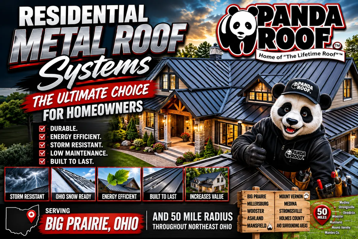 Residential metal roof systems in Big Prairie Ohio featuring a modern black standing seam metal roof installed by Panda Roofing on a Northeast Ohio home.