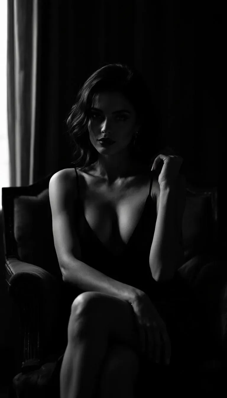 Black and white portrait of a woman in lingerie sitting confidently, symbolizing sensual awakening, erotic empowerment, and intimacy coaching by Denver sex and relationship coach Michelle Feuerstein